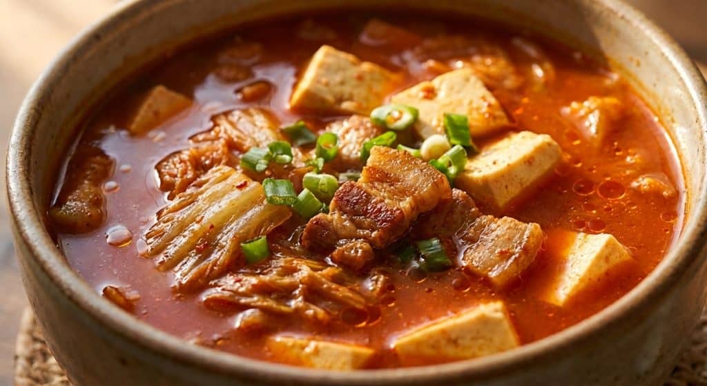 A bowl of spicy Korean stew, inspired by a classic Kimchi Soup recipe, features red broth, tofu chunks, pork pieces, kimchi, and green onions as garnish. Steam rises from the dish, hinting it's hot and freshly served.