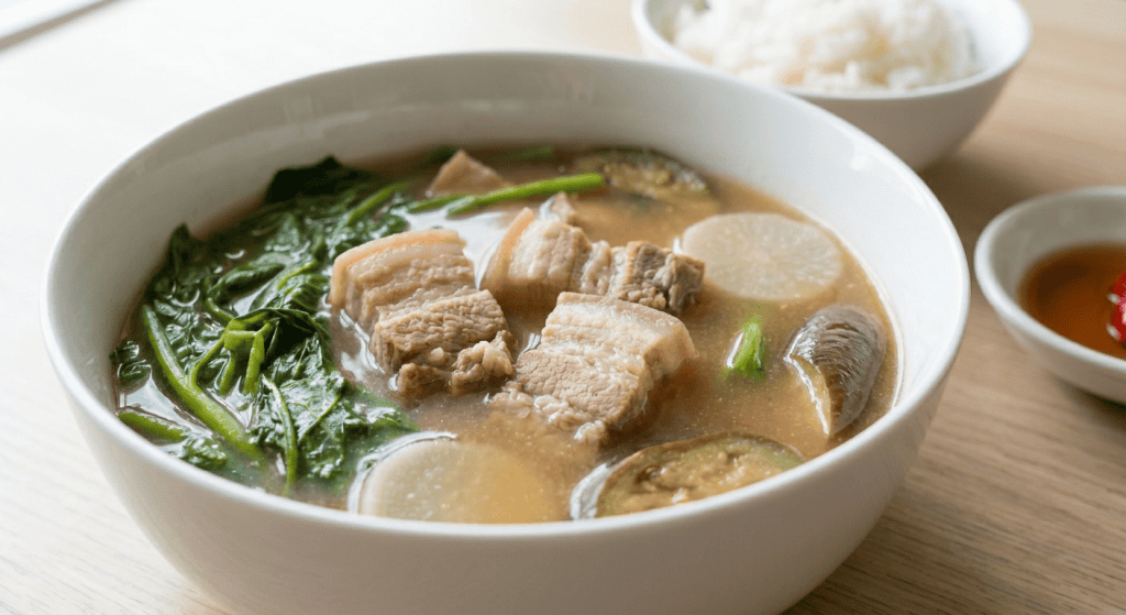 A bowl of Sinigang na Baboy, featuring pork belly pieces, leafy greens, daikon radish, and eggplant in a light broth, served on a wooden table with rice and a small dish of sauce and red chili—classic Sinigang na Baboy Recipe comfort.