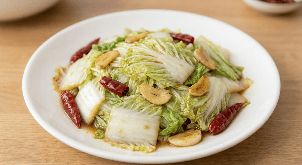 A white plate filled with stir-fried napa cabbage, sliced garlic, and dried red chili peppers, served on a wooden table.